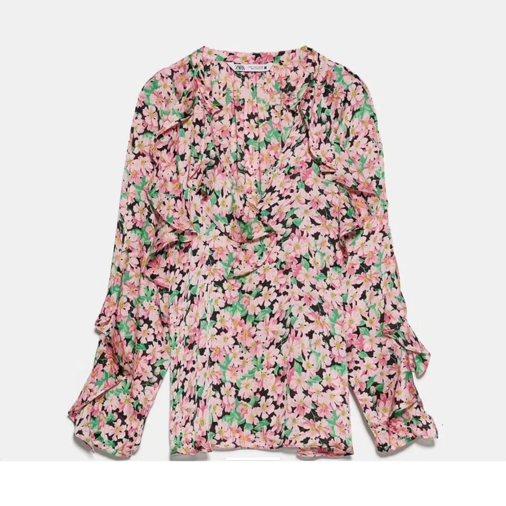 ZARA Women's Size Medium Pink Floral Long Sleeve V-Neck Ruffle Loose Blouse Top - Picture 2 of 11
